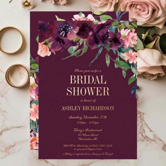 Elegant Burgundy Blush Pink Floral Bridal Shower (Burgundy & Blush Floral Autumn Bridal Shower Foil Invitation)