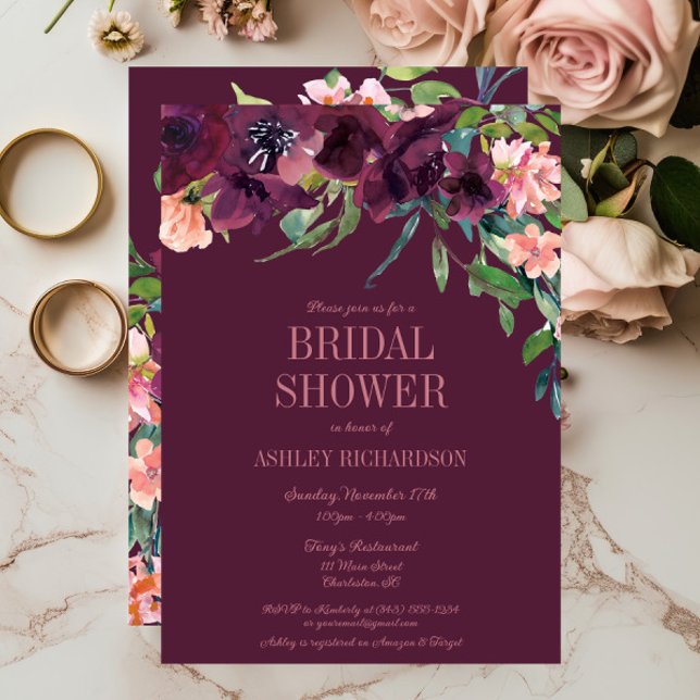 Elegant Burgundy Blush Pink Floral Bridal Shower I Invitation (Burgundy Blush Floral Fall Bridal Shower Invitation)