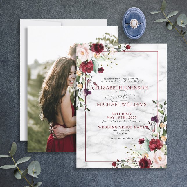 Elegant Burgundy Blush Pink Floral Photo Wedding Invitation (Creator Uploaded)