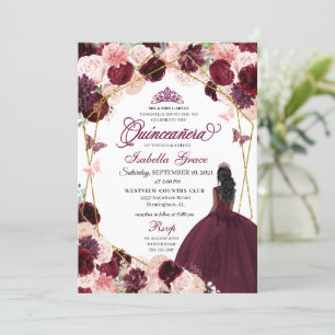 Elegant Burgundy Blush Pink Floral Quinceanera Inv Invitation