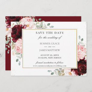 Elegant Burgundy Blush Pink Floral Roses Wedding Save The Date