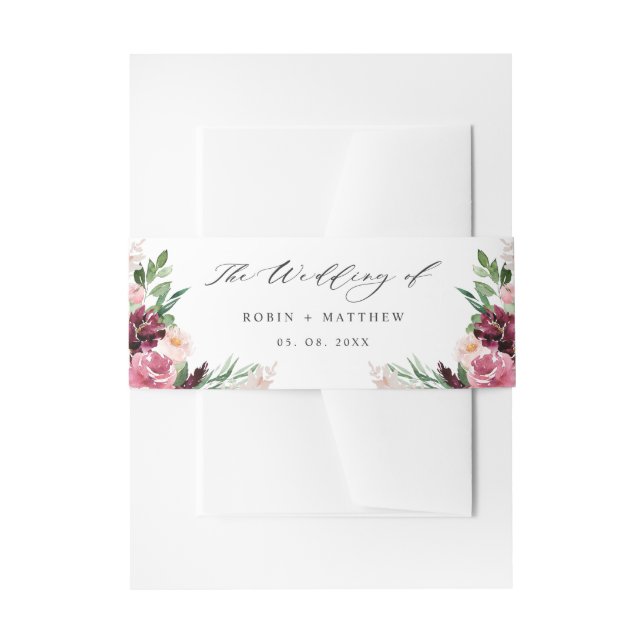 Elegant Burgundy Blush Pink Floral Wedding Invitation Belly Band (Front Example)