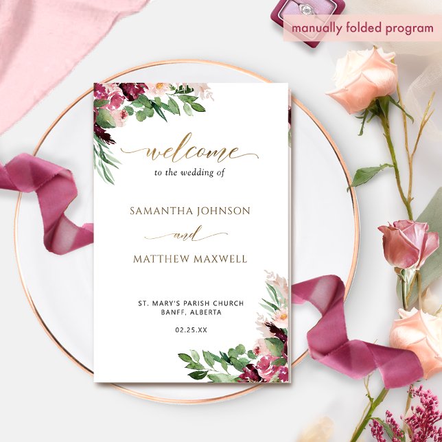 Elegant Burgundy Blush Pink Floral Wedding Program (Creator Uploaded)