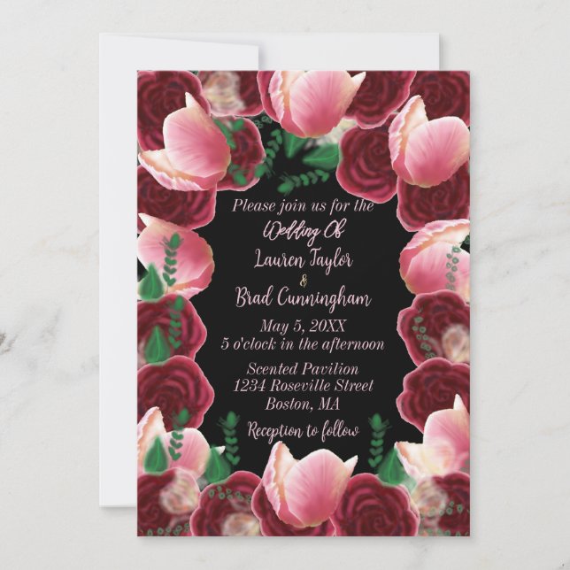 Elegant Burgundy & Blush Pink Rose Black Wedding Invitation (Front)
