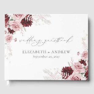 Elegant Burgundy Blush Pink Roses Floral Wedding Guest Book