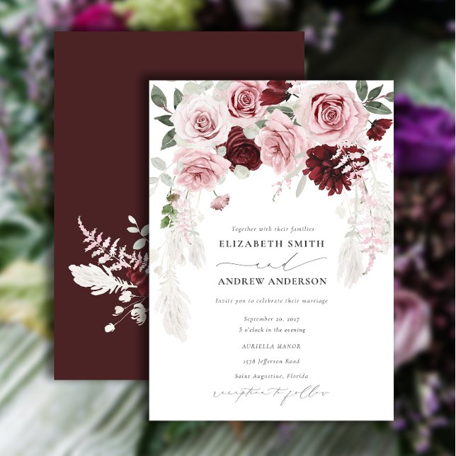 Elegant Burgundy Blush Pink Roses Floral Wedding Invitation (Creator Uploaded)