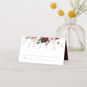 Elegant Burgundy Blush Pink Roses Floral Wedding Place Card