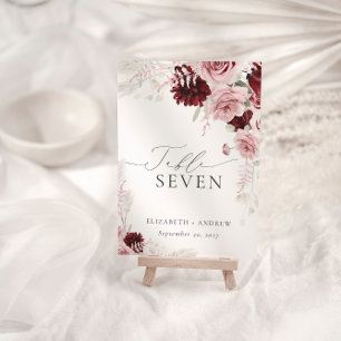 Elegant Burgundy Blush Pink Roses Floral Wedding Table Number