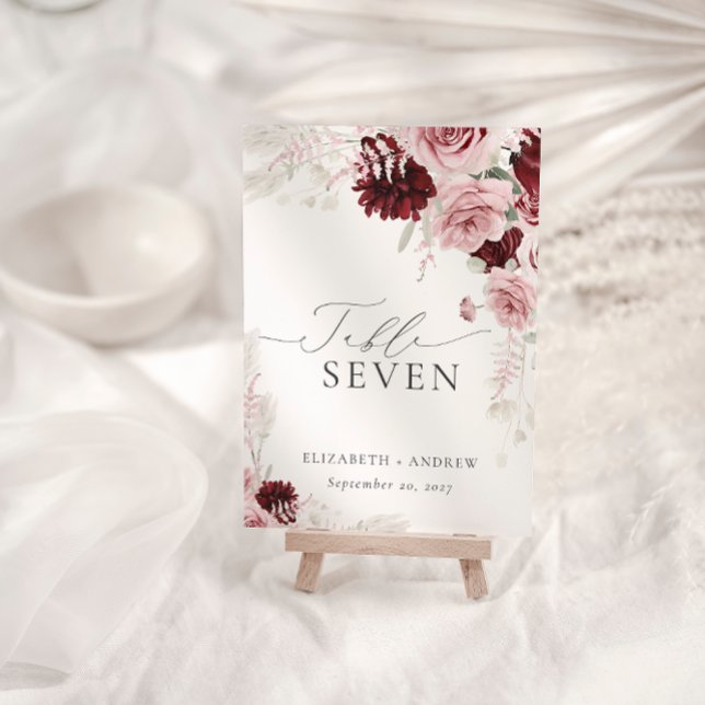 Elegant Burgundy Blush Pink Roses Floral Wedding Table Number (Creator Uploaded)