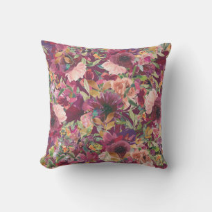 Elegant Burgundy Blush Pink Watercolor Floral Cushion