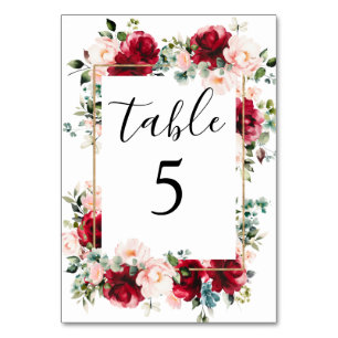 Elegant Burgundy & Blush Pink Watercolor Wedding Table Number