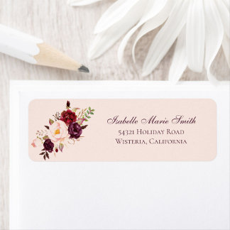 Elegant Burgundy & Blush Rose Floral Pink Wedding Return Address Label