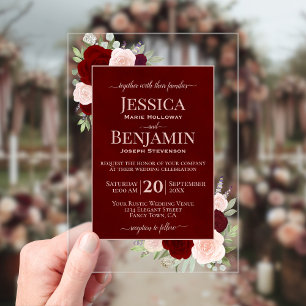 Elegant Burgundy Blush Roses Stylish Text Wedding Acrylic Invitations