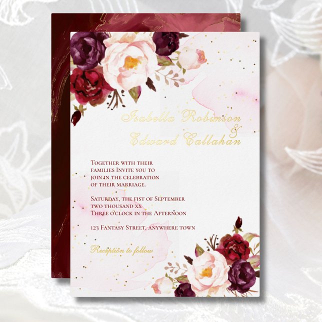 Elegant Burgundy & Blush Roses Wedding Gold Foil (Creator Uploaded)
