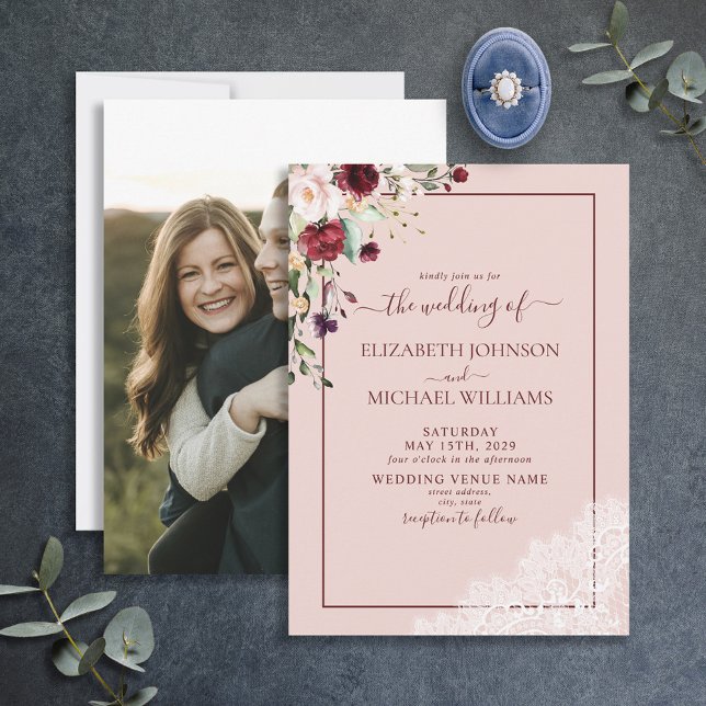Elegant Burgundy Blush Script Photo Wedding Invitation (Creator Uploaded)