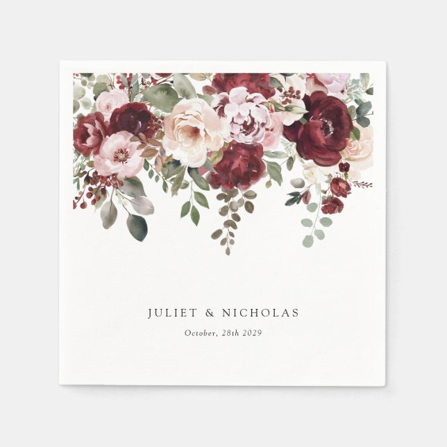 Elegant Burgundy & Blush Watercolor Floral Wedding Napkin (Front)