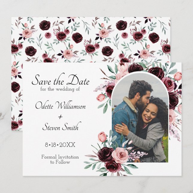 Elegant Burgundy Blush Watercolor Photo Wedding Save The Date (Front/Back)