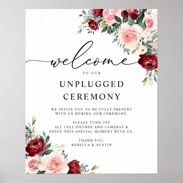 Elegant Burgundy Blush Wedding Unplugged Ceremony Poster (Front)