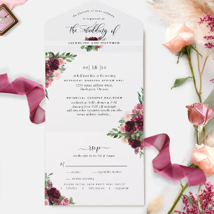 Elegant Burgundy Blush Wedding w/ Perforated RSVP All In One Invitation