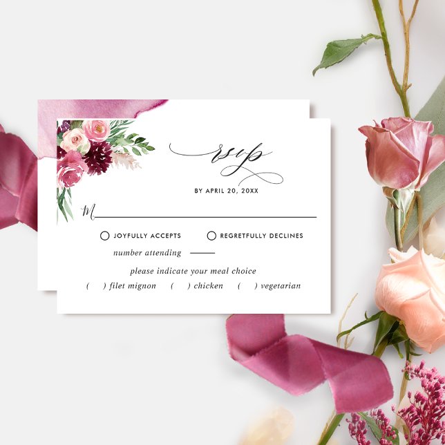 Elegant Burgundy Blush, With /Without Meal Options RSVP Card (Creator Uploaded)