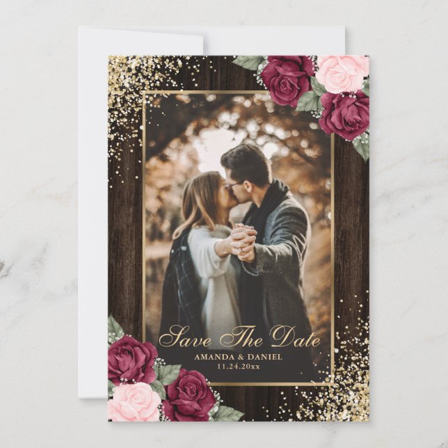 Elegant Burgundy Blush Wood Floral Wedding Photo Save The Date (Front)