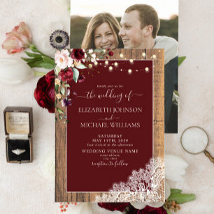 Elegant Burgundy Blush Wood Lace Photo Wedding Invitation