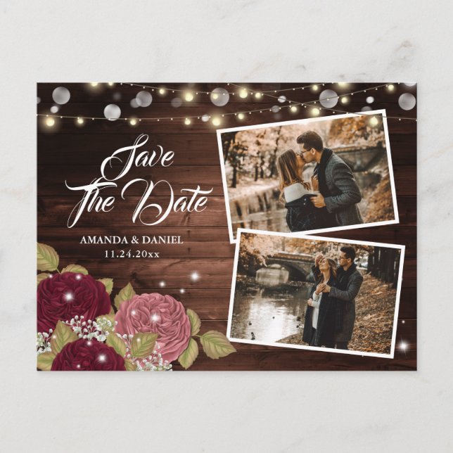 Elegant Burgundy Blush Wood Photo Save The Date Announcement Postcard (Front)