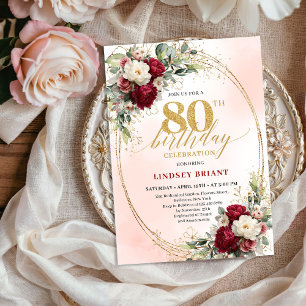 Elegant Burgundy Boho Botanical 80th Birthday Invitation