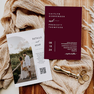 Elegant Burgundy Boho Wedding Arch Photo QR Code I Invitation