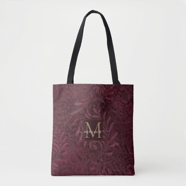 Elegant Burgundy Botanical Garden Gold Monogrammed Tote Bag (Front)