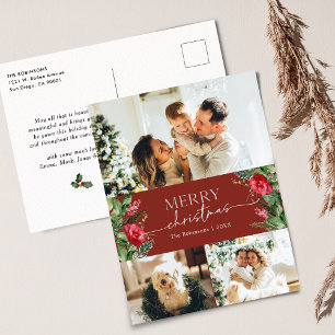 Elegant Burgundy Botanical Merry Christmas Holiday Postcard