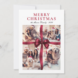 Elegant Burgundy Bow 4 Photo Collage Christmas Holiday Card