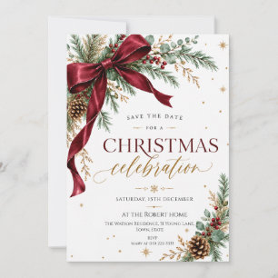 Elegant Burgundy Bow Christmas Save the Date Invitation