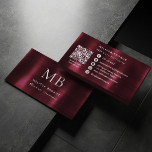 Elegant Burgundy Brushed Steel Faux Metal Monogram Business Card