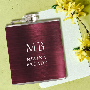 Elegant Burgundy Brushed Steel Faux Metal Monogram Hip Flask