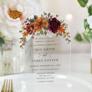 Elegant Burgundy Burnt Orange Rust Floral Wedding Acrylic Invitations