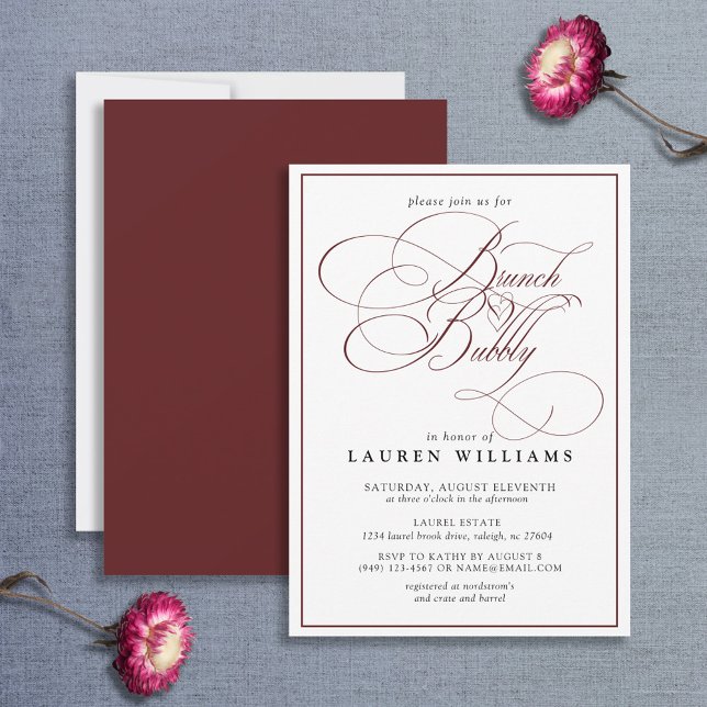 Elegant Burgundy Calligraphy Brunch & Bubbly Invitation (Creator Uploaded)