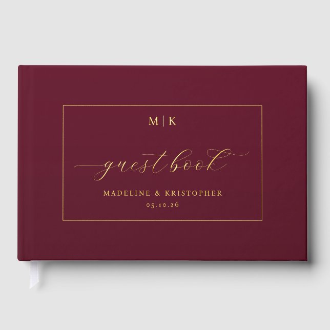 Elegant Burgundy Calligraphy Guestbook (Front)