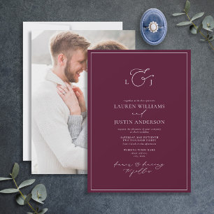 Elegant Burgundy Calligraphy Monogram Photo Invitation