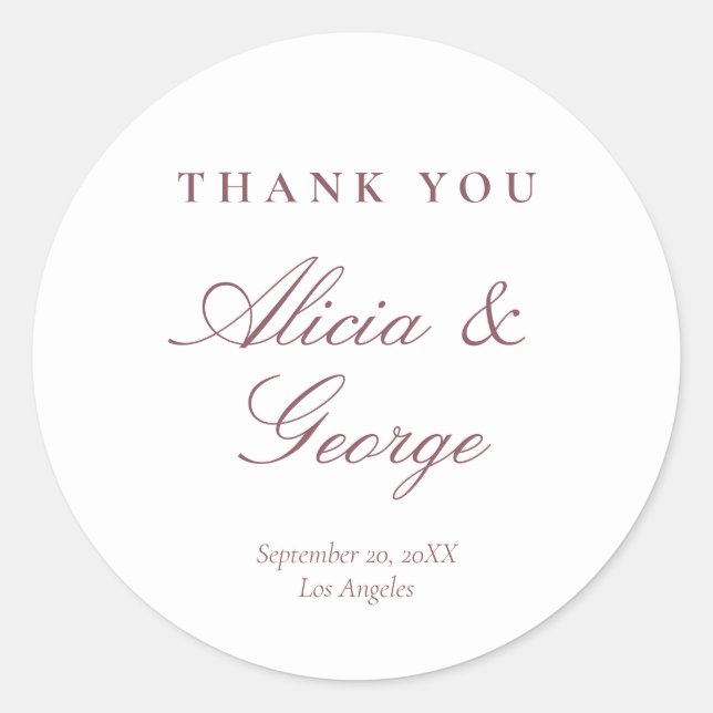 Elegant burgundy calligraphy wedding thank you classic round sticker (Front)