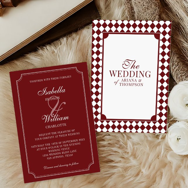 Elegant Burgundy Checkered Old Money Wedding Invitation (Creator Uploaded)
