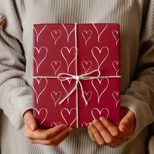 Elegant Burgundy   Chic Framed White Heart Outline Wrapping Paper