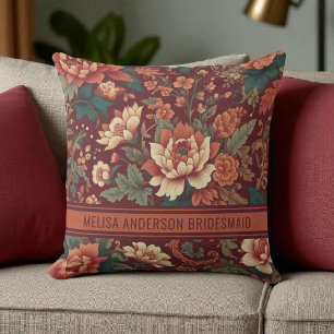 Elegant Burgundy Chinoiserie Floral Bridesmaid Cushion