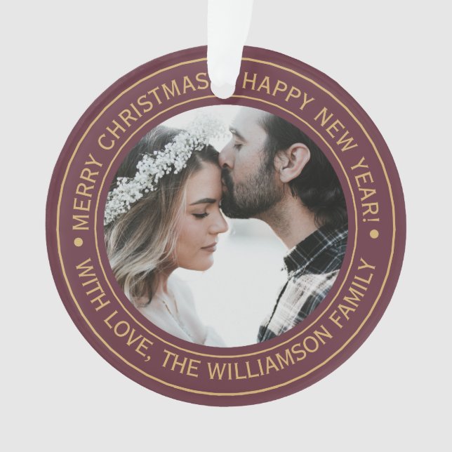 Elegant Burgundy Christmas Monogram Photo Ornament (Front)