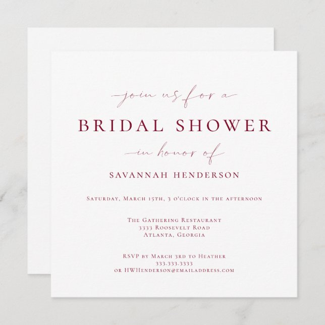 Elegant Burgundy Classic Bridal Shower Invitation (Front/Back)