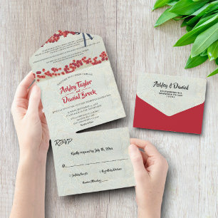 Elegant Burgundy Country Floral Rustic Wedding All In One Invitation