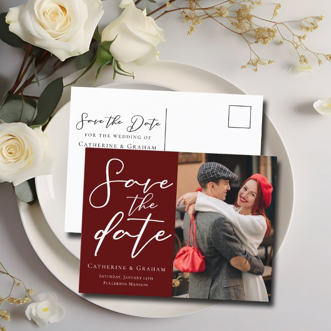 Elegant Burgundy Couple Photo Save the Photo Announcement Postcard (Creator Uploaded)