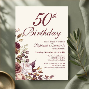 Elegant Burgundy Cream Floral 50th Birthday Party Invitation