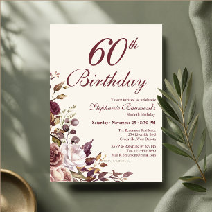 Elegant Burgundy Cream Floral 60th Birthday Party Invitation