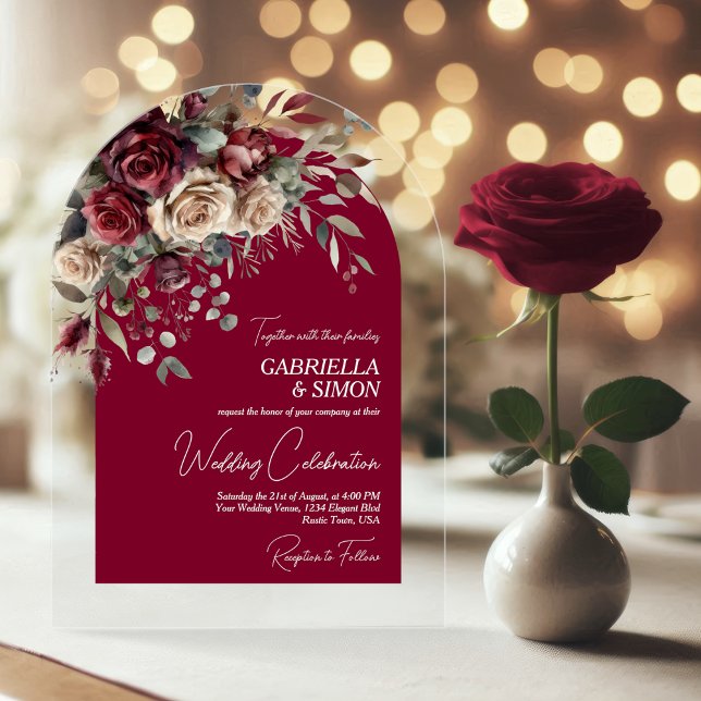 Elegant Burgundy & Cream Roses Arch Wedding Acrylic Invitations (Clear Acrylic with Arch Cut)